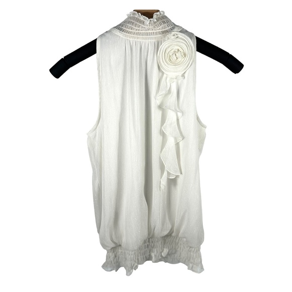 I.N. San Francisco Tops - | I.N. San Francisco | White Shimmer Smocked Neck Sleeveless Floral Detail Top